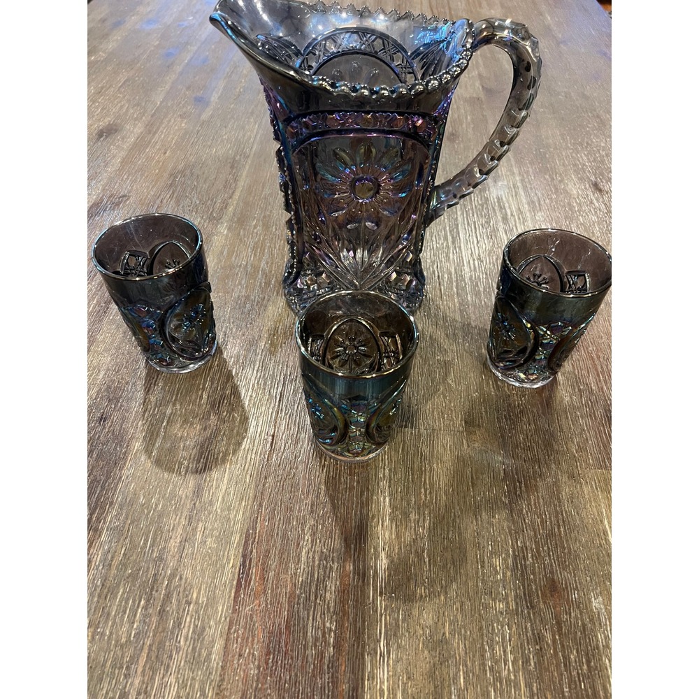 Vintage Purple Carnival Glass Pitcher and 3 Tumbler Set Iridescent Floral Design